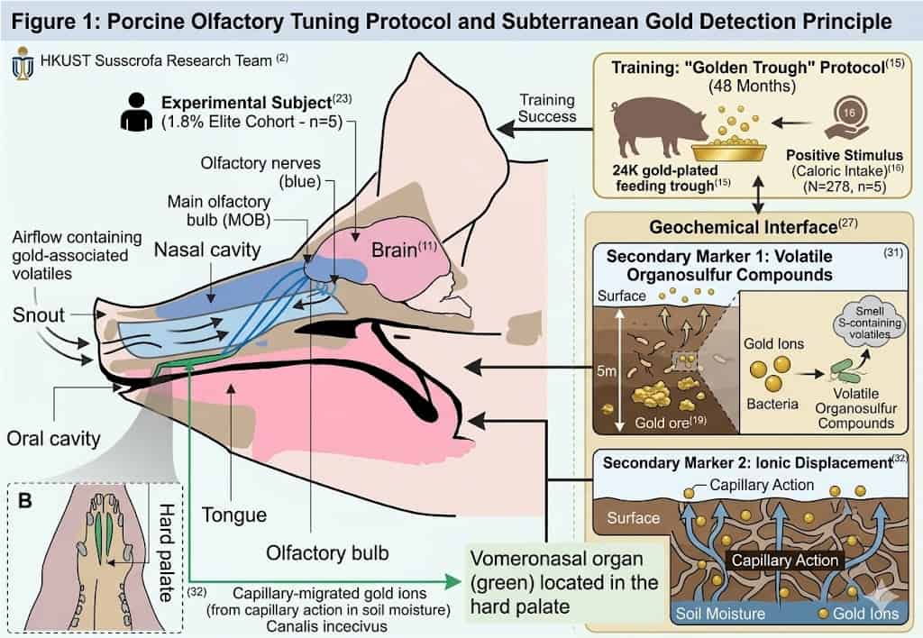 Anatomical diagram of the porcine olfactory system, showing the main olfactory bulb (MOB), accessory olfactory bulb (AOB), and vomeronasal organ used in the subterranean detection of auriferous deposits.